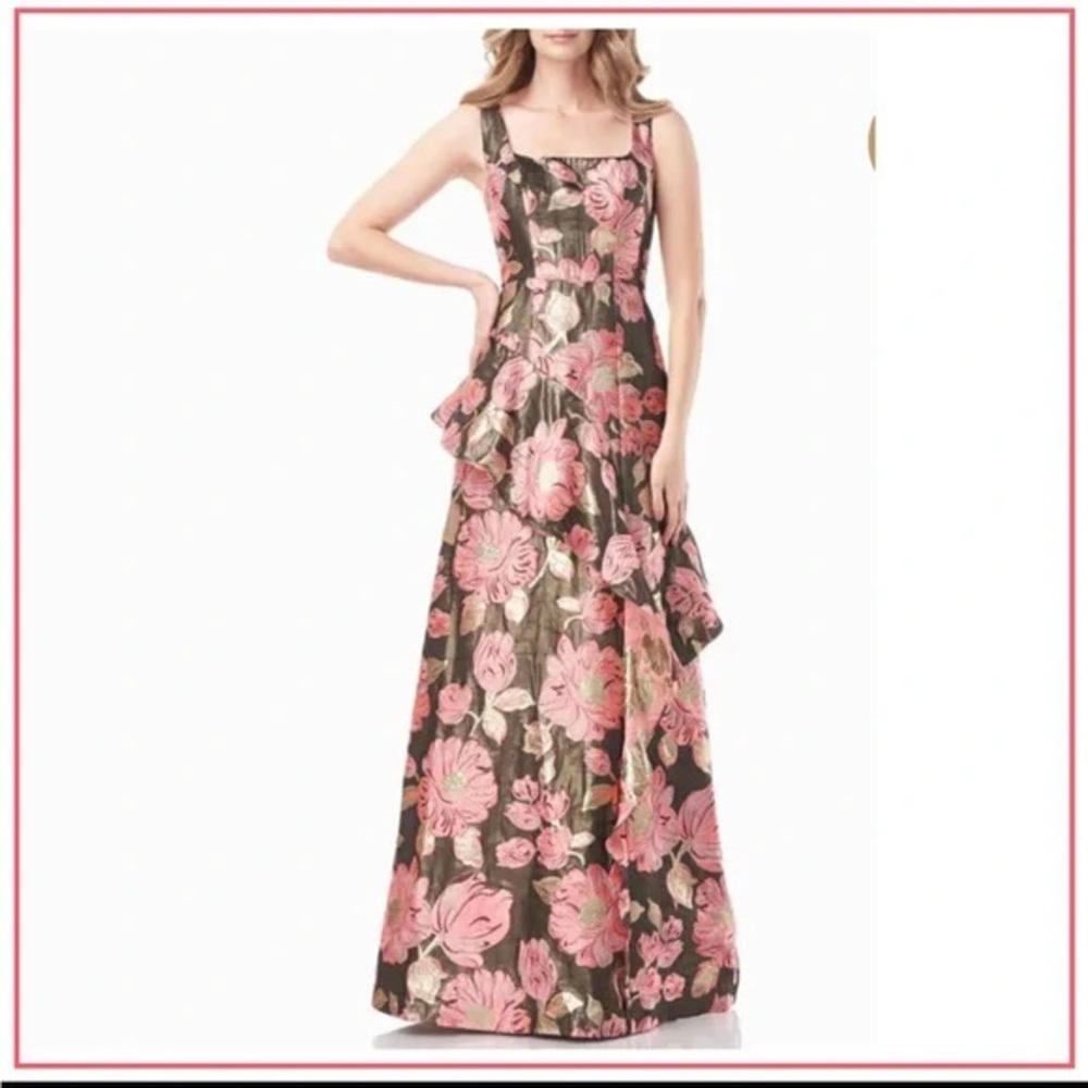 Kay Unger pink and green metallic ruffle gown size 8